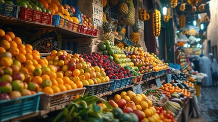 A vibrant market full of fresh fruits and vegetables.