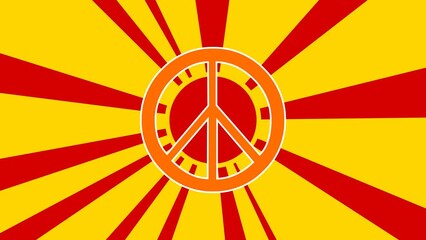 Poster - Peace symbol on the background of animation from moving rays of the sun. Large orange symbol increases slightly. Seamless looped 4k animation on yellow background