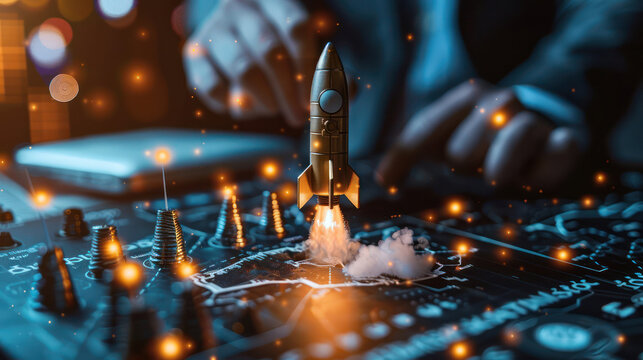 Futuristic board game scene with a glowing rocket launching, surrounded by hands and strategy pieces, representing innovation and planning.