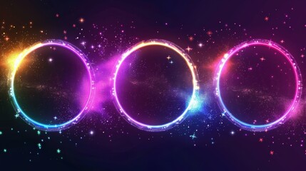 Wall Mural - three glowing neon light rings in a starry sky