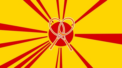 Poster - Crossed tennis rackets symbol on the background of animation from moving rays of the sun. Large orange symbol increases slightly. Seamless looped 4k animation on yellow background