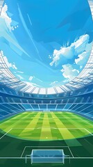 Wall Mural - A soccer field with a bright green grass. Football stadium arena for professional match with spotlight
