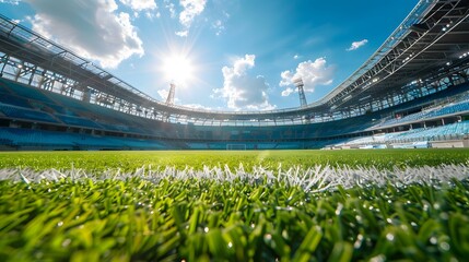 Wall Mural - A soccer field with a bright green grass. Football stadium arena for professional match with spotlight