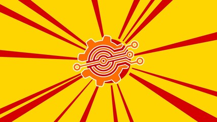 Poster - digital tech symbol on the background of animation from moving rays of the sun. large orange symbol 