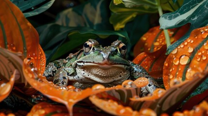 Wall Mural - A frog is sitting on a leaf that is covered in raindrops. Generate AI image