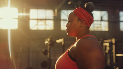 A woman in a red tank top stands in a gym