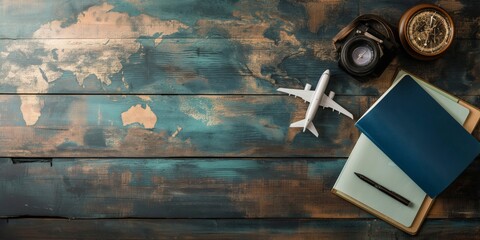 An overhead view of a wooden table with a map, toy airplane, notebook, pen, and compass suggesting travel planning. The setting is calm and organized.