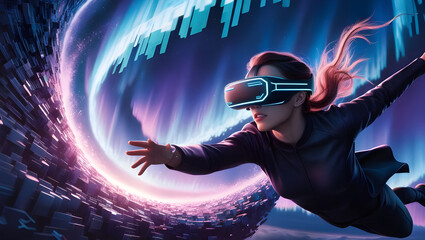 A person in virtual glasses flies to pixels. The woman with glasses of virtual reality. Future technology concept. Modern imaging technology.