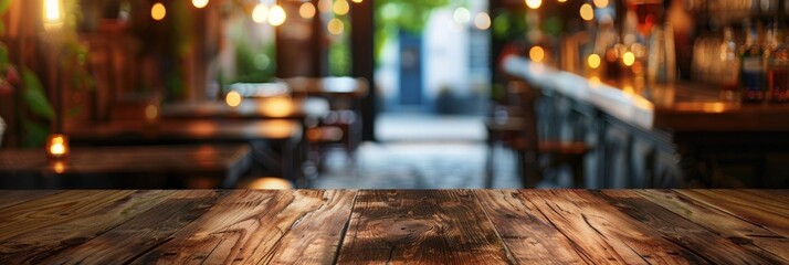 Wall Mural - Bar Wooden Desk with Light Blurred Background for Cafe Decoration