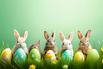 Wall Mural - A parade of adorable Easter bunnies hops across the scene, leaving a trail of cuteness. Ample space awaits your personalized Easter message on this charming background.