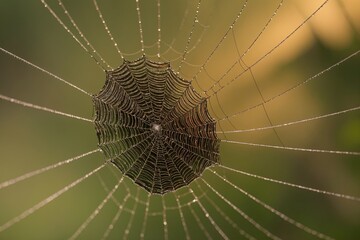 Closeup of dew covered spider web at dawn