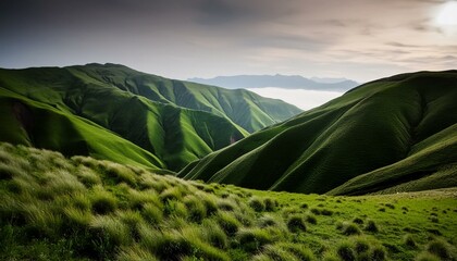 Wall Mural - Vibrant Green Grass Hills on White Background