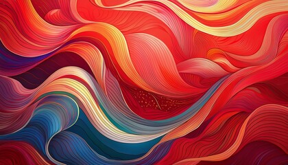 Wall Mural - Abstract red background with many wavy stripes of different colors