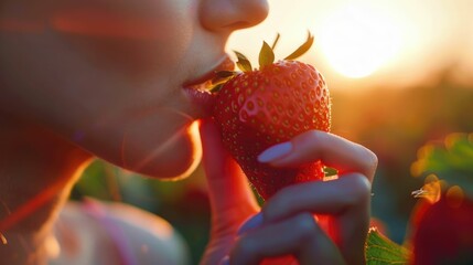 A woman happily eats a ripe strawberry under the blue sky, surrounded by flowers and plants. Her gesture shows her joy as she enjoys the sweet fruit AIG50