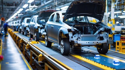 Wall Mural - Modern automotive manufacturing assembly line with cars moving on conveyors