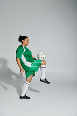Wall Mural - A female athlete in green jersey and shorts skillfully juggles a soccer ball.