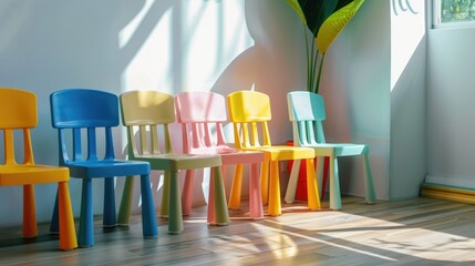 Sticker - Colorful children s chairs arranged on floor with copy space