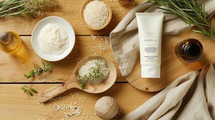 Wall Mural - A flat lay image showcasing natural skincare products on a wooden table. The image features a tube of cream, a bowl of white powder, a wooden spoon with rice, and small sprigs of rosemary.