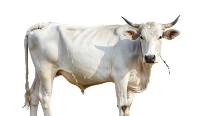 Wall Mural - White Cow with a Chain on a White Background