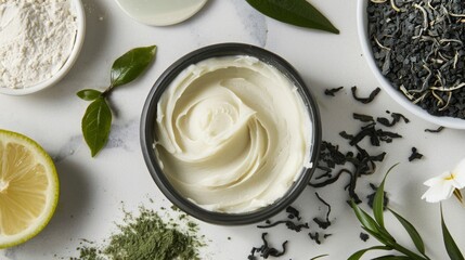 Wall Mural - A close-up shot of a container of green tea body butter, surrounded by natural ingredients like tea leaves, lemon, and green powder.