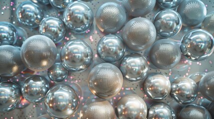 Poster - Symmetrical Aerial View of Silver Disco Balls Creating a Geometric Pattern with Soft Natural Lighting