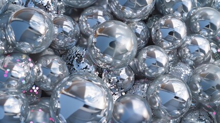 Poster - Symmetrical Arrangement of Silver Disco Balls with Intricate Patterns and Textures, Captured Aerially in Soft Natural Lighting