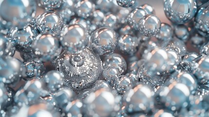 Poster - Intricate Array of Silver Disco Balls in Symmetrical Overhead Pattern, Highlighting Geometric Depth and Texture