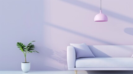 A modern and stylish apartment decorated in a purple color scheme, featuring minimalist furniture and a clean, uncluttered layout. The image provides ample copy space for adding text or graphics.