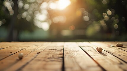 Aufkleber - Rustic Wooden Table at Sunny Outdoor Market - Bright, Natural Lighting and Summer Bokeh Background for Product Display