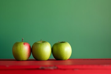 Aufkleber - Symmetrical Composition of Three Apples on Red Table Against Green Background, Captured with Long Exposure and High-Definition Techniques