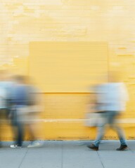 Poster - Dynamic Urban Scene with Motion-Blurred Passersby and Blank Banner on Pastel Yellow Brick Wall, Daytime