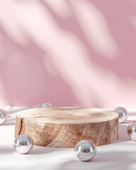 Aufkleber - Minimalist Mockup with Wooden Podium and Silver Ornaments on Bright Pink Background