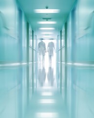 Poster - Abstract Blurry Image of Three Healthcare Professionals in White Coats in a Symmetrical Blue Hospital Corridor Using Long Exposure Photography