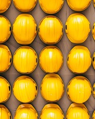 Poster - Aerial View of Symmetrically Arranged Yellow Construction Helmets Highlighting Geometric Textures and Patterns
