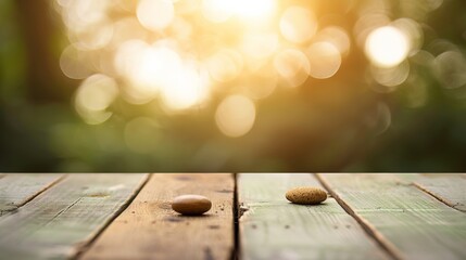 Aufkleber - Sunny Outdoor Market Scene with Rustic Wooden Table for Product Display, Highlighting Warm Summer Vibes and Natural Light