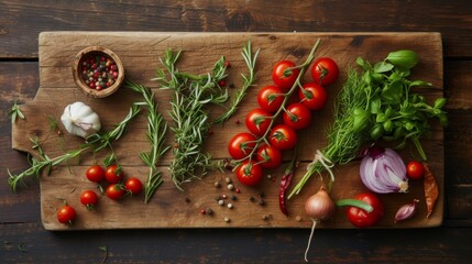 Wall Mural - A well-arranged composition of fresh kitchen ingredients on a rustic wooden cutting board