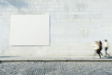 Aufkleber - Urban Elegance: Blurred Figures Passing Bright White Brick Wall with Blank Poster in Sunlit Cityscape