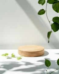 Poster - Serene Natural Minimalist Mockup Scene with Wooden Podium and Green Leaves against a Bright White Sunlit Background