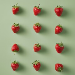 Aufkleber - Bright and Vibrant Red Strawberries on a Green Background: Patterned Composition with Soft Shadows