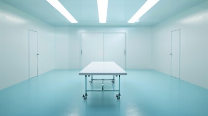 Poster - Pristine Laboratory Interior with Illuminated, Clean White Table and Soft Overhead Lighting, Emphasizing Minimalism and Modern Design