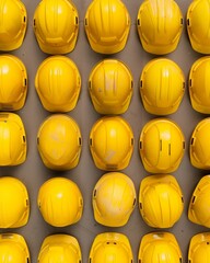 Poster - Symmetrical Aerial View of Yellow Construction Helmets Pattern on a Textured Background, Bright Daylight Illumination