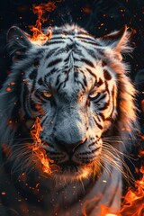 Poster - A close-up view of a tiger's face with flames burning in the background
