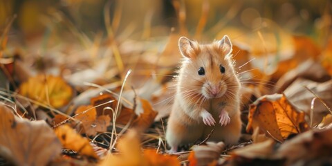 Poster - A small rodent stands upright amidst a pile of autumn leaves, posing with ease