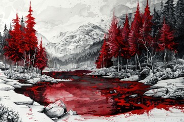 Aufkleber - a serene landscape featuring a red river flowing through a forest, surrounded by tall trees and lush