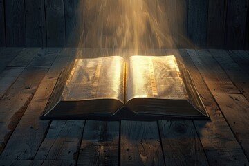 Fototapete - An open book lying on a wooden floor with soft light shining from within
