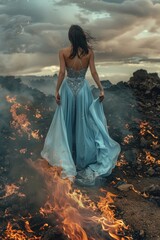 Wall Mural - A woman stands in front of a fire, wearing a blue dress