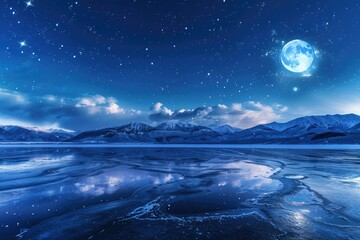 Aufkleber - A serene scene of a full moon shining down on a frozen lake, perfect for use in winter-themed designs and projects