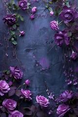 Wall Mural - Close-up shot of a bunch of purple roses against a bright blue background, ideal for use in romantic or floral-themed designs