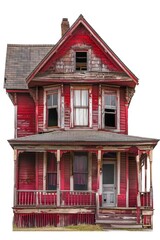Aufkleber - Abandoned old red house with a broken window, great for storytelling or setting the scene for a mysterious event