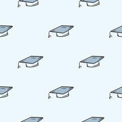 Vector seamless pattern with student cap icon. Background related to education, school. Simple hand drawn symbols